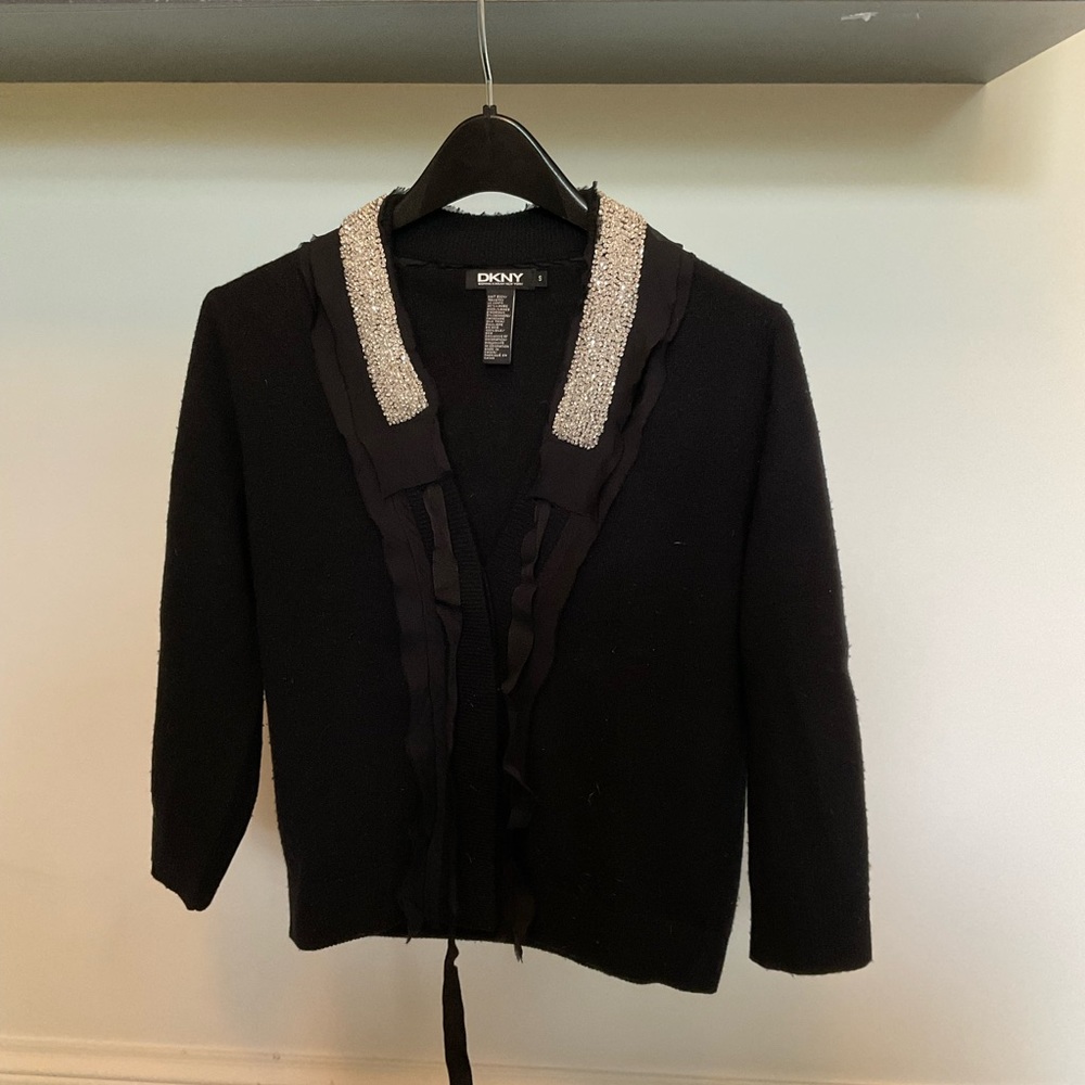 DKNY Black Wool-Cashmere Cardigan with Sequined Collar and Chiffon Trim